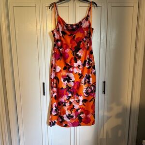 Bar III Orange Floral Midi Slip Dress with Pink & Black Accents